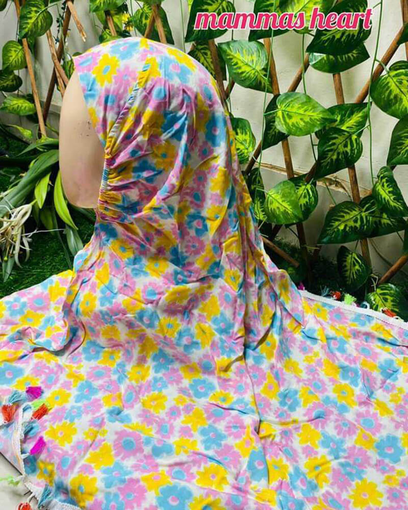 White Linen Floral Hijab - Multi Tassel Hem - Baby Hijab (1-6Y)