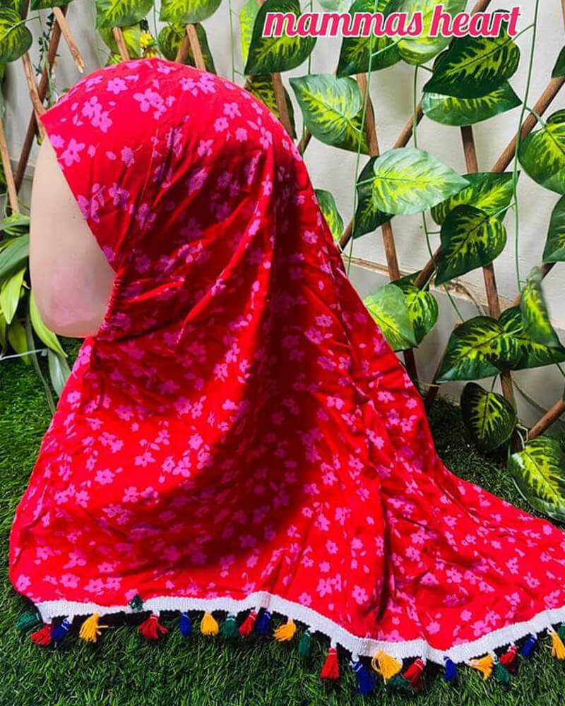 Red Linen Floral Hijab - Colorful Tassel Trim - Baby Hijab (1-6Y)