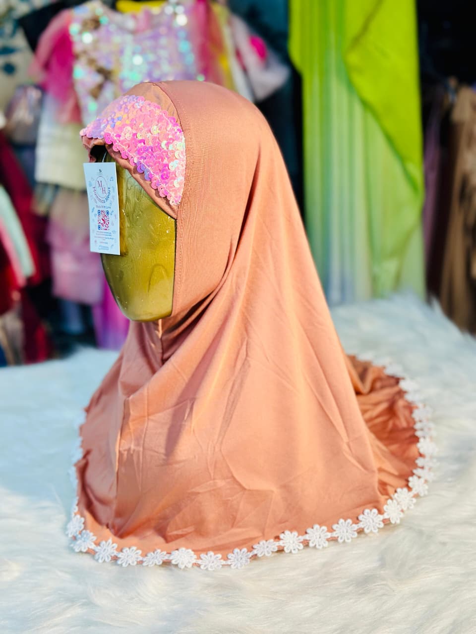 Brick/Terracotta Kids Hijab - Sequin & Lace Trim - Baby Hijab (1-6Y)