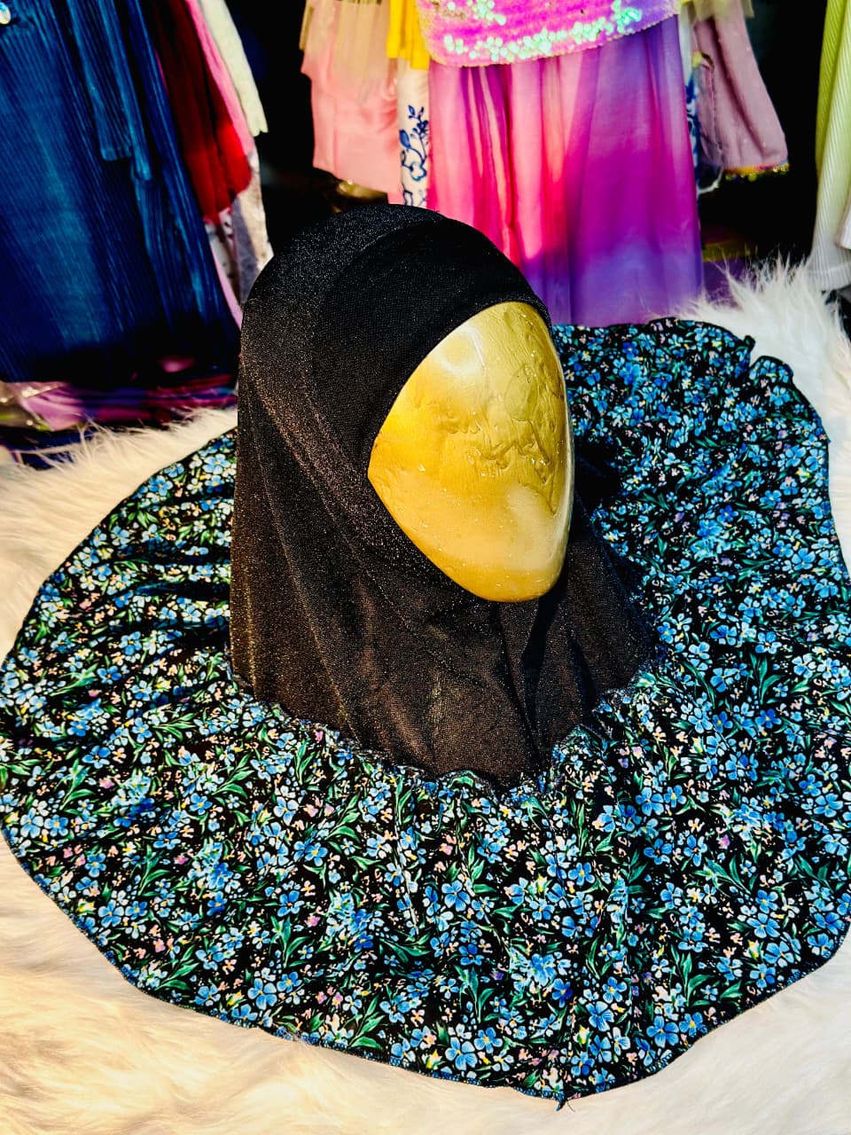 Black Shimmer Kids Hijab with Blue Floral - Baby Hijab (1-6Y)