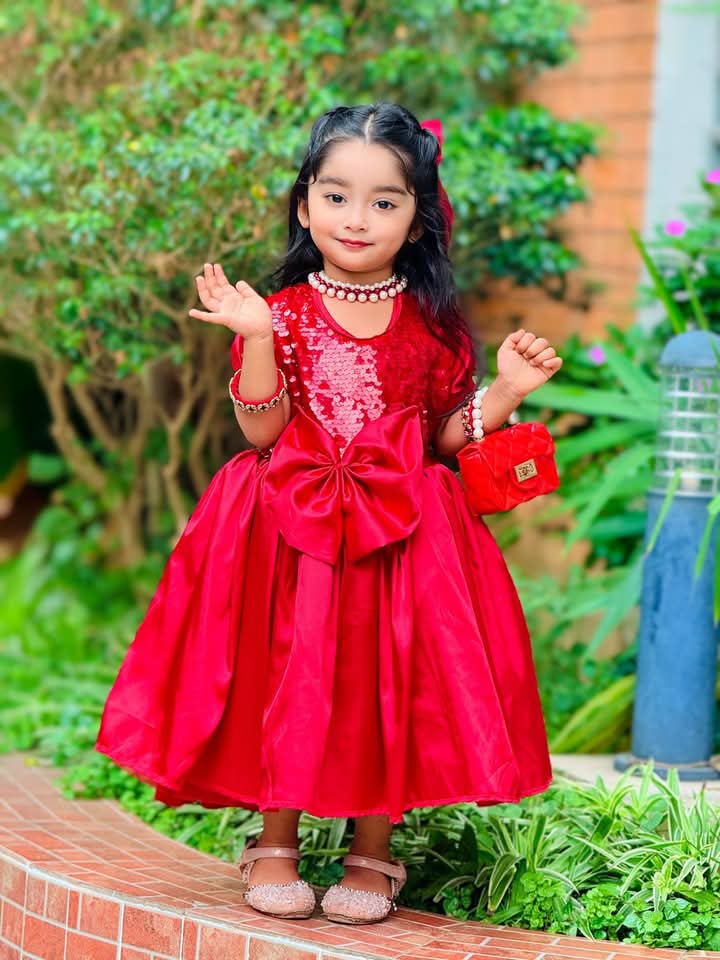 Red Sequin Satin Gown - Bow Detail Princess