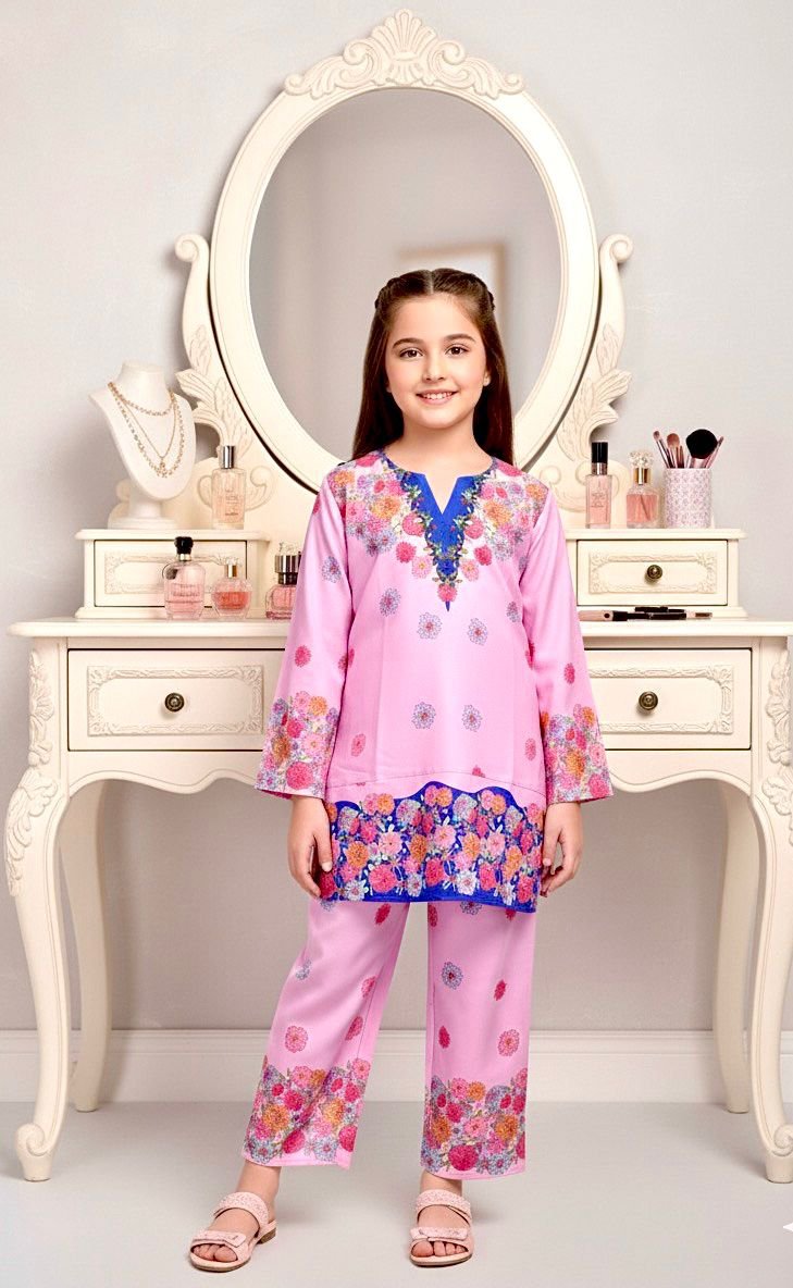 Pakistani Matte Silk Kamiz Set - (Pink Flower)