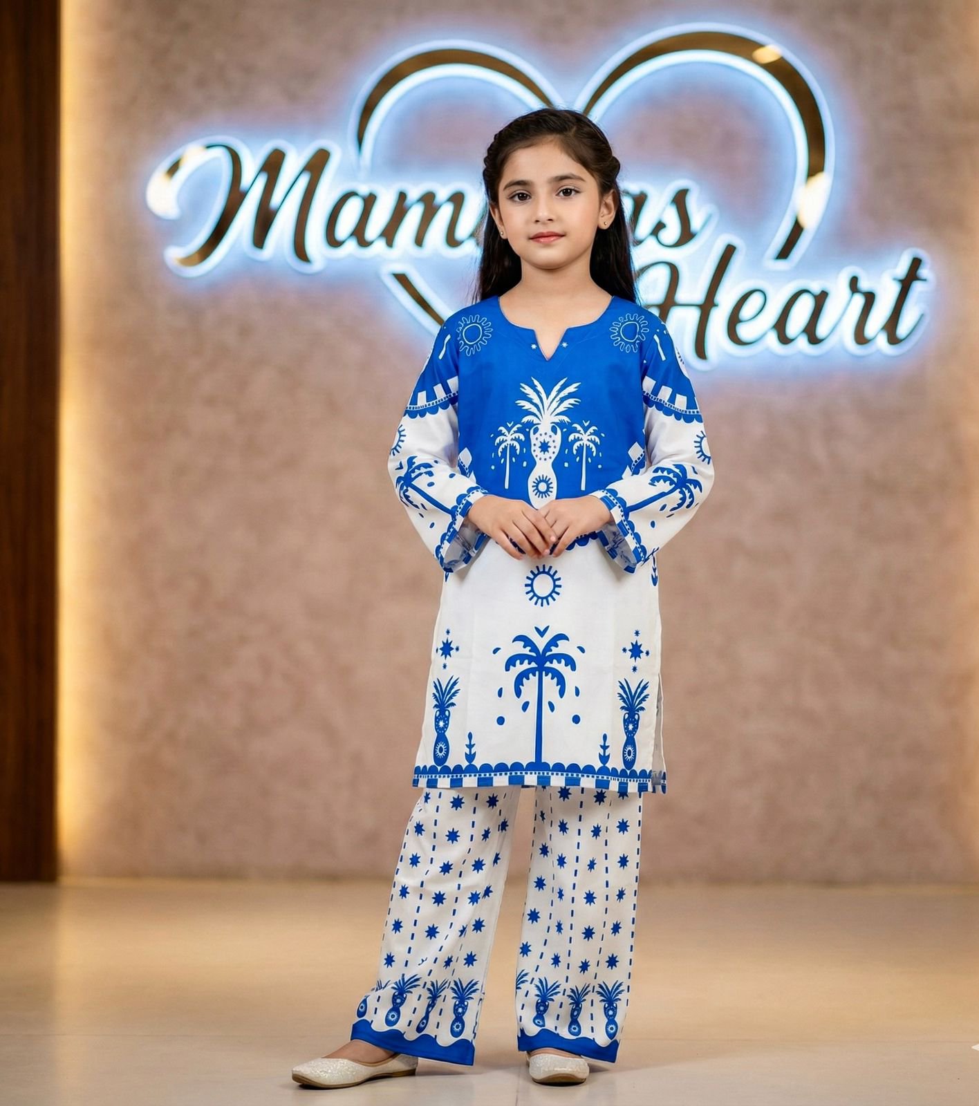 Pakistani Matte Silk Kamiz Set - (White & Blue)