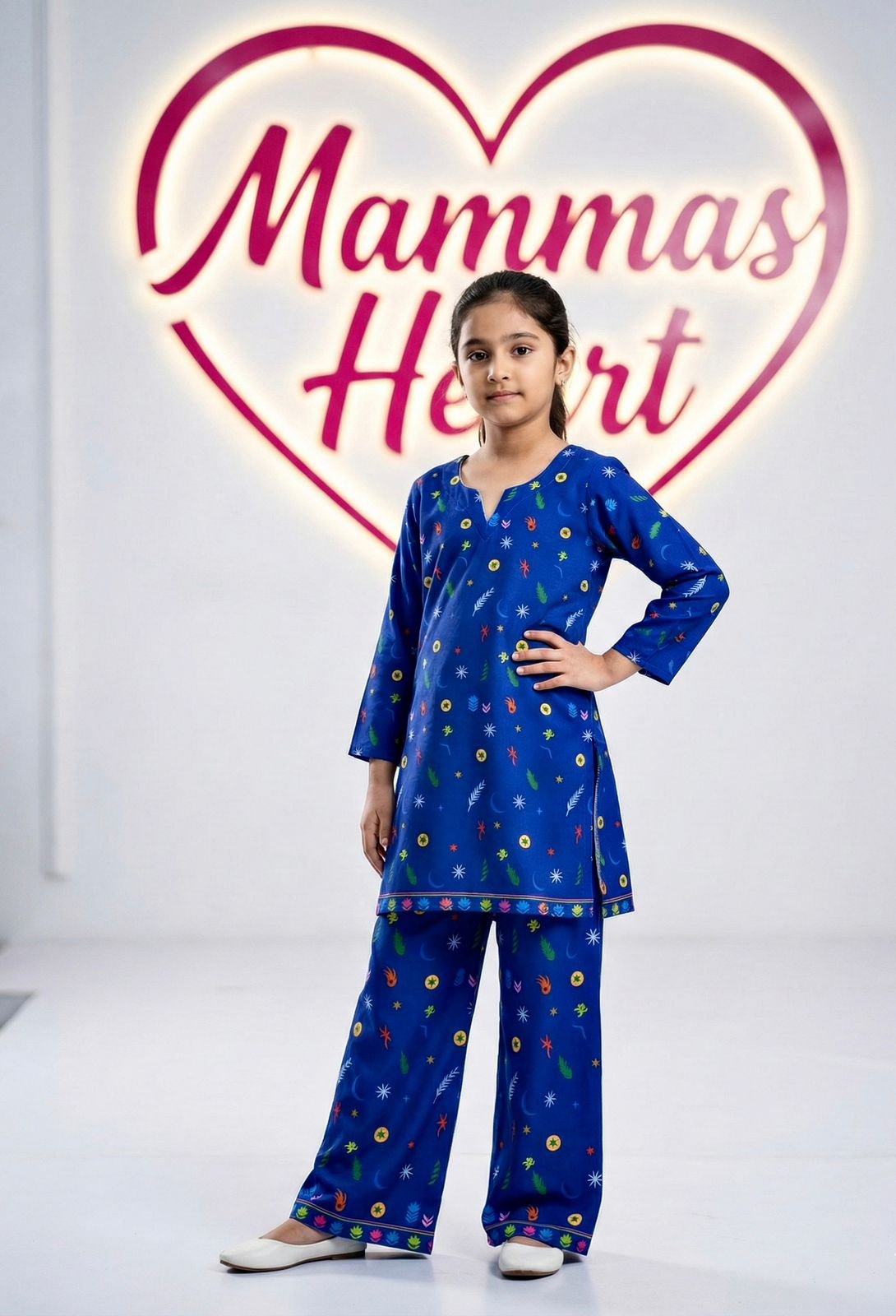 Pakistani Matte Silk Kamiz Set - (Navy Blue Star)