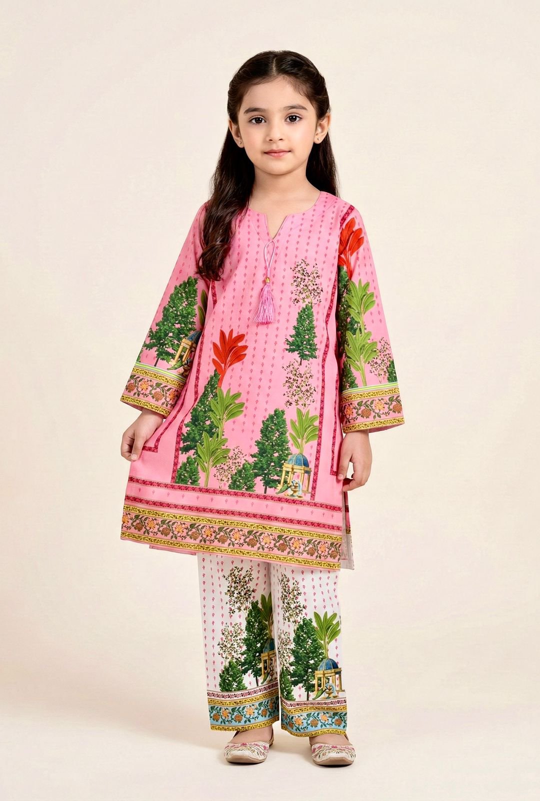 Pakistani Matte Silk Kamiz Set - (Pink Tree Tercel)
