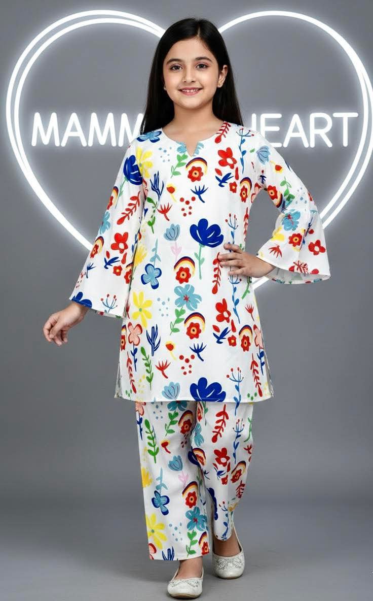 Pakistani Matte Silk Kamiz Set - (White Flower) — ছবি 1 — Kids Clothing (2-12 Years)