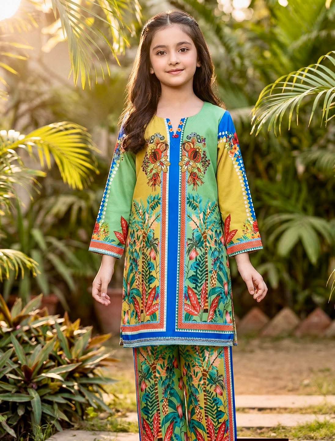 Pakistani Matte Silk Kamiz Set - (Multi Flower)