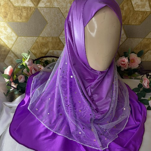 Purple Party Hijab with Net Shimmer Overlay