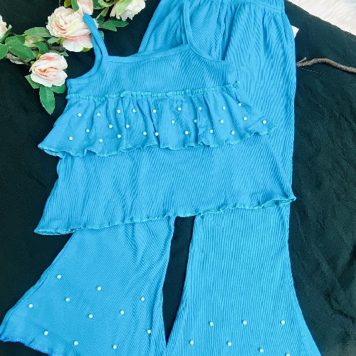 Rib Cotton Crop Top Set - Ruffle Flare Pants