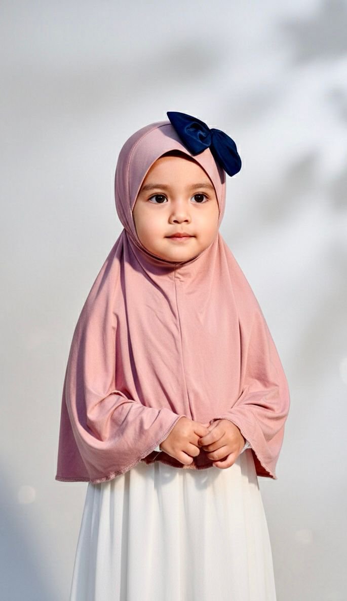 New Born Pink Spandex Hijab Navy Blue Bow