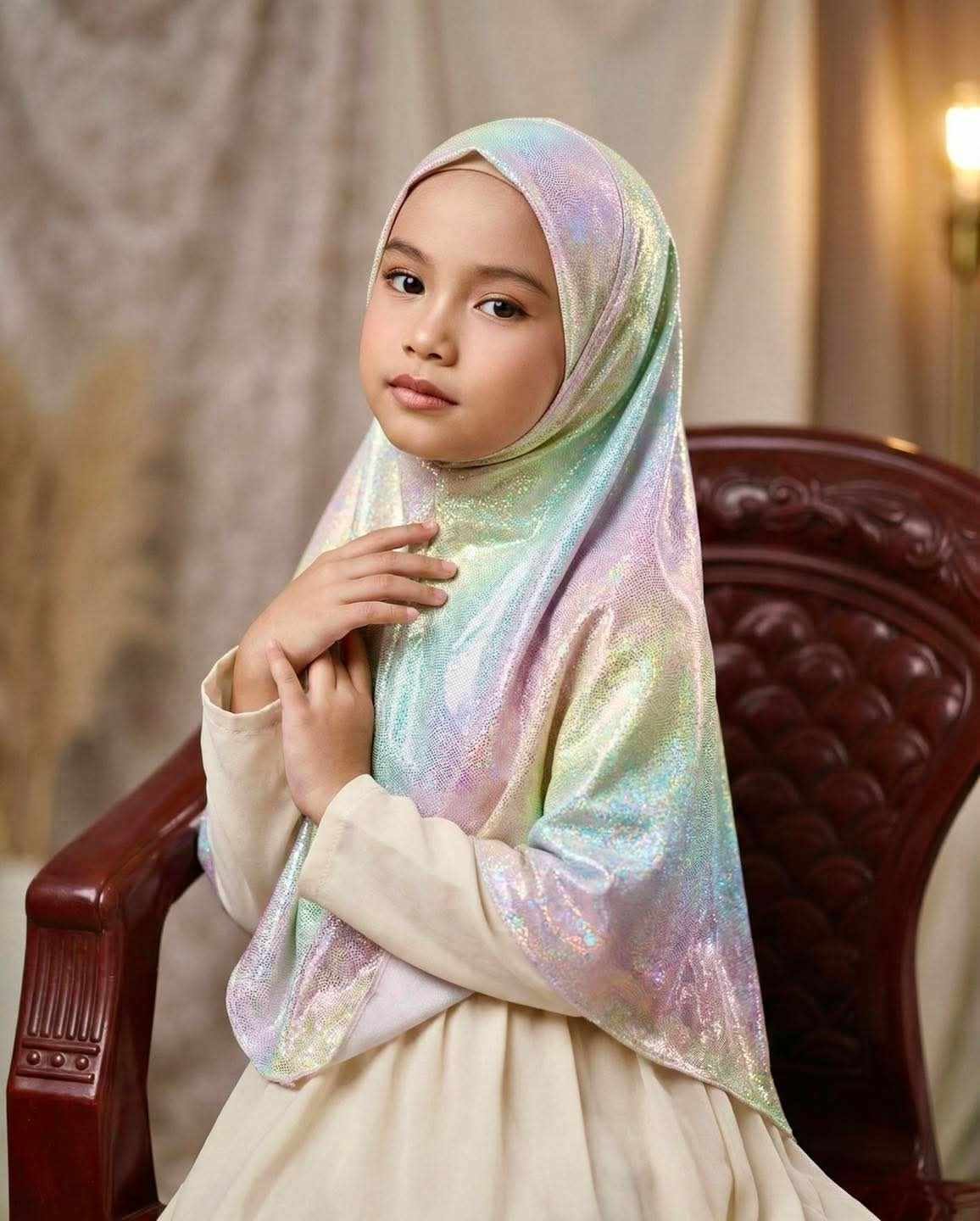 Holographic Green Foil Soft Spandex Kids Hijab — ছবি 2