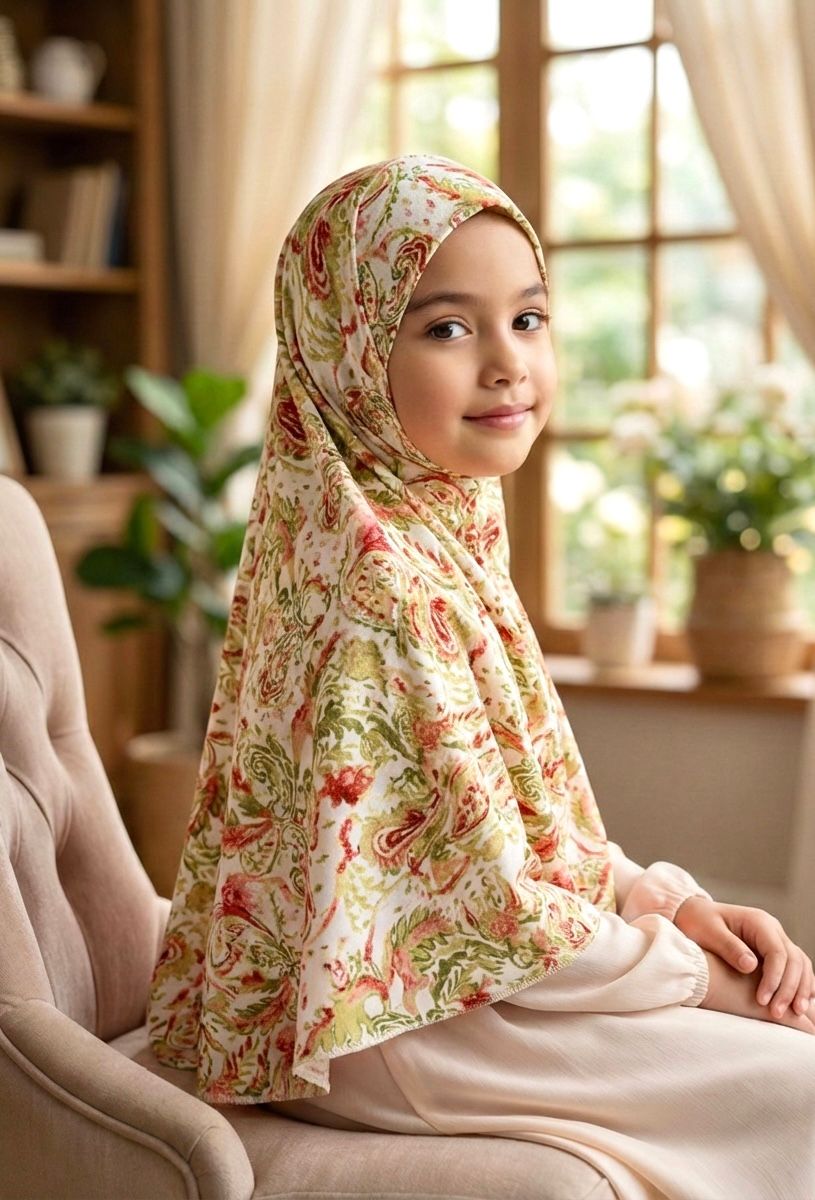 Green Evergreen Paisley Soft Spandex Kids Hijab - GIRLS