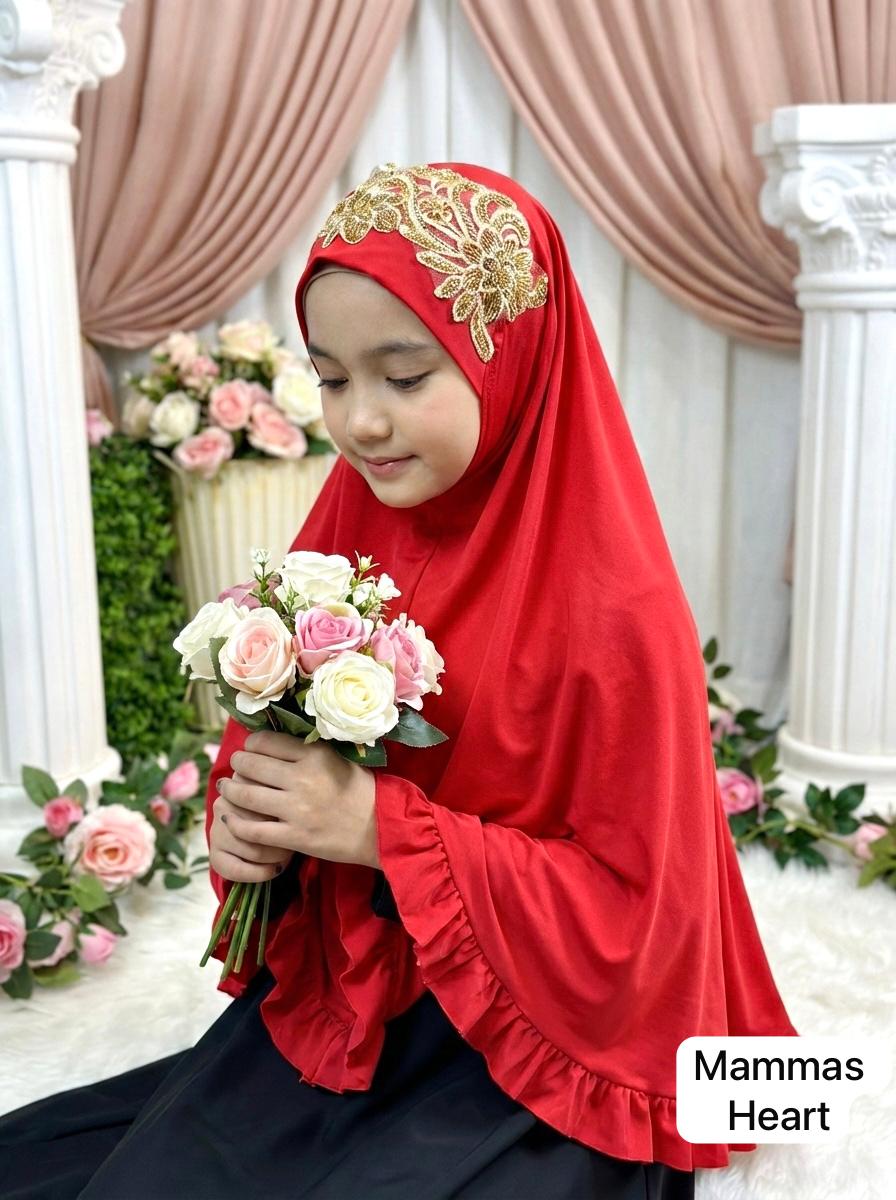 Red Golden Lace Kuchi Hijab For Girls - Eid Collection