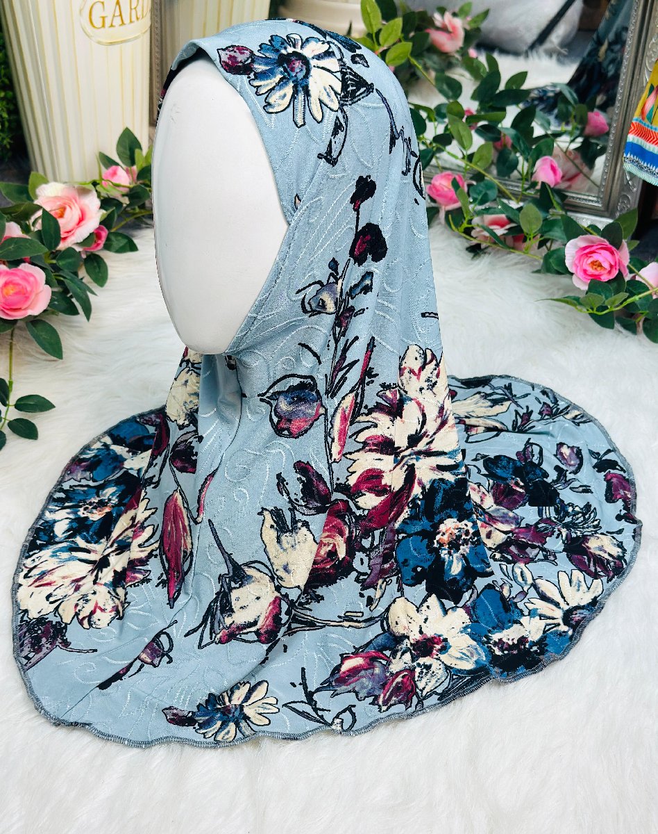 Ash Blue Floral Print Spandex Eid Hijab - GIRLS