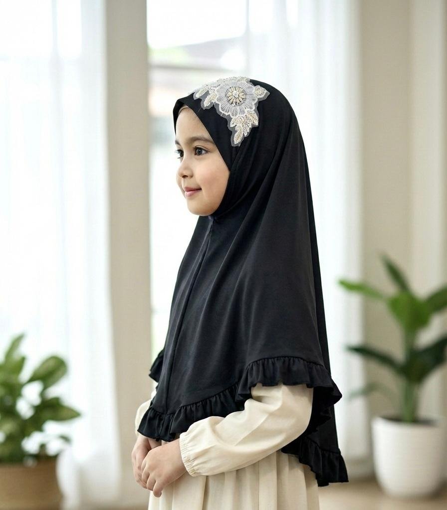 Black Spandex Kuchi Hijab White Lace Work - GIRLS
