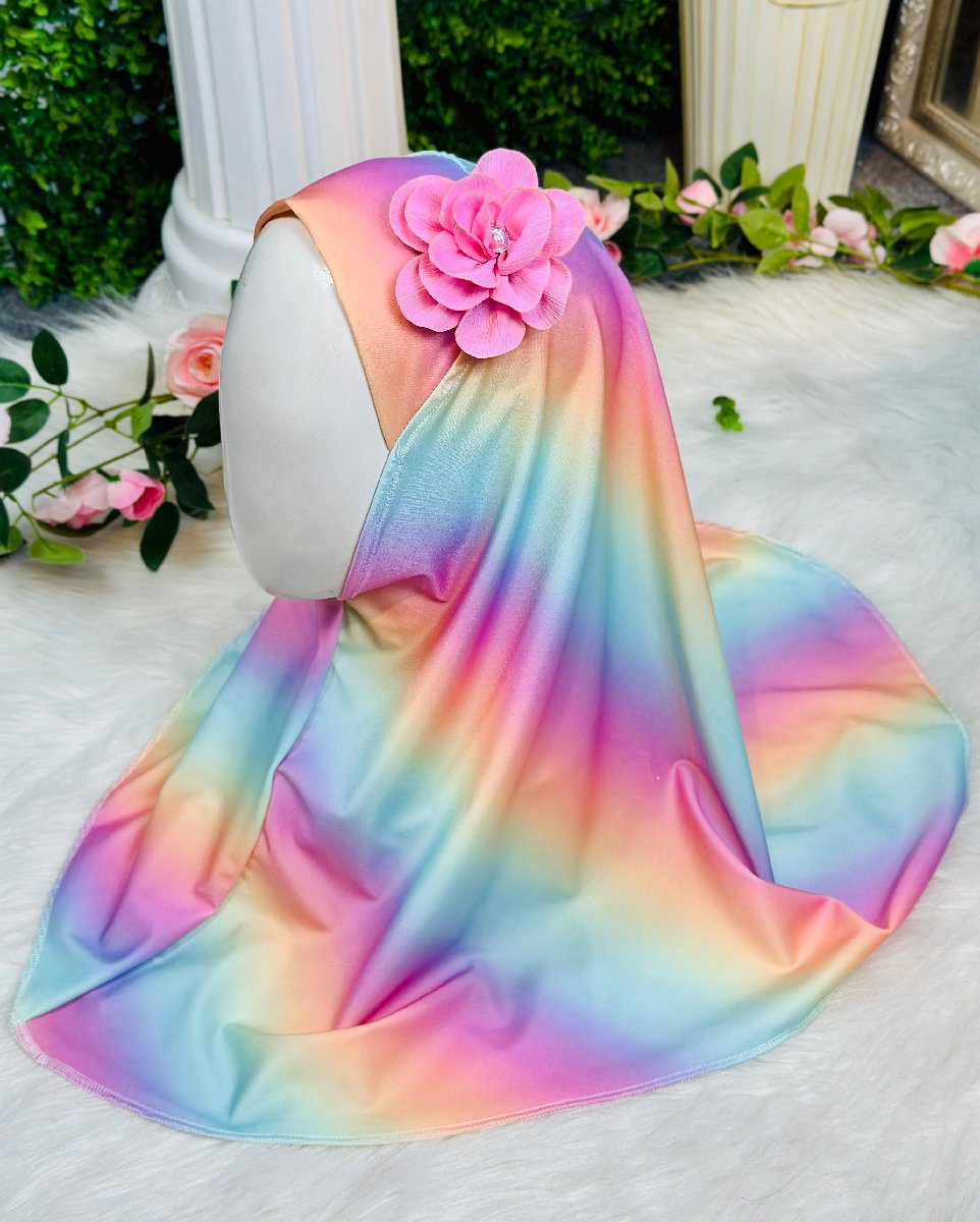 Rainbow Gradient Soft Spandex Kids Flower Hijab