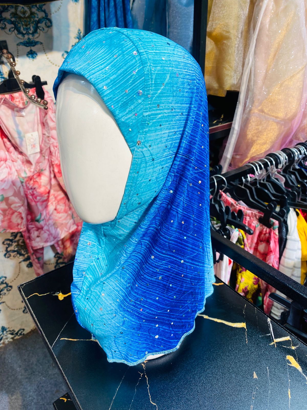 Sea Blue Stone Work Spandex Kids Hijab — ছবি 3