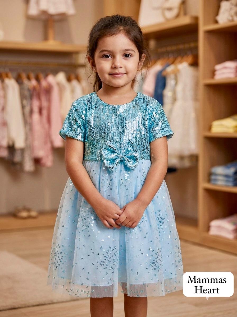 Paste Blue Sequin Girls Soft Net Frock