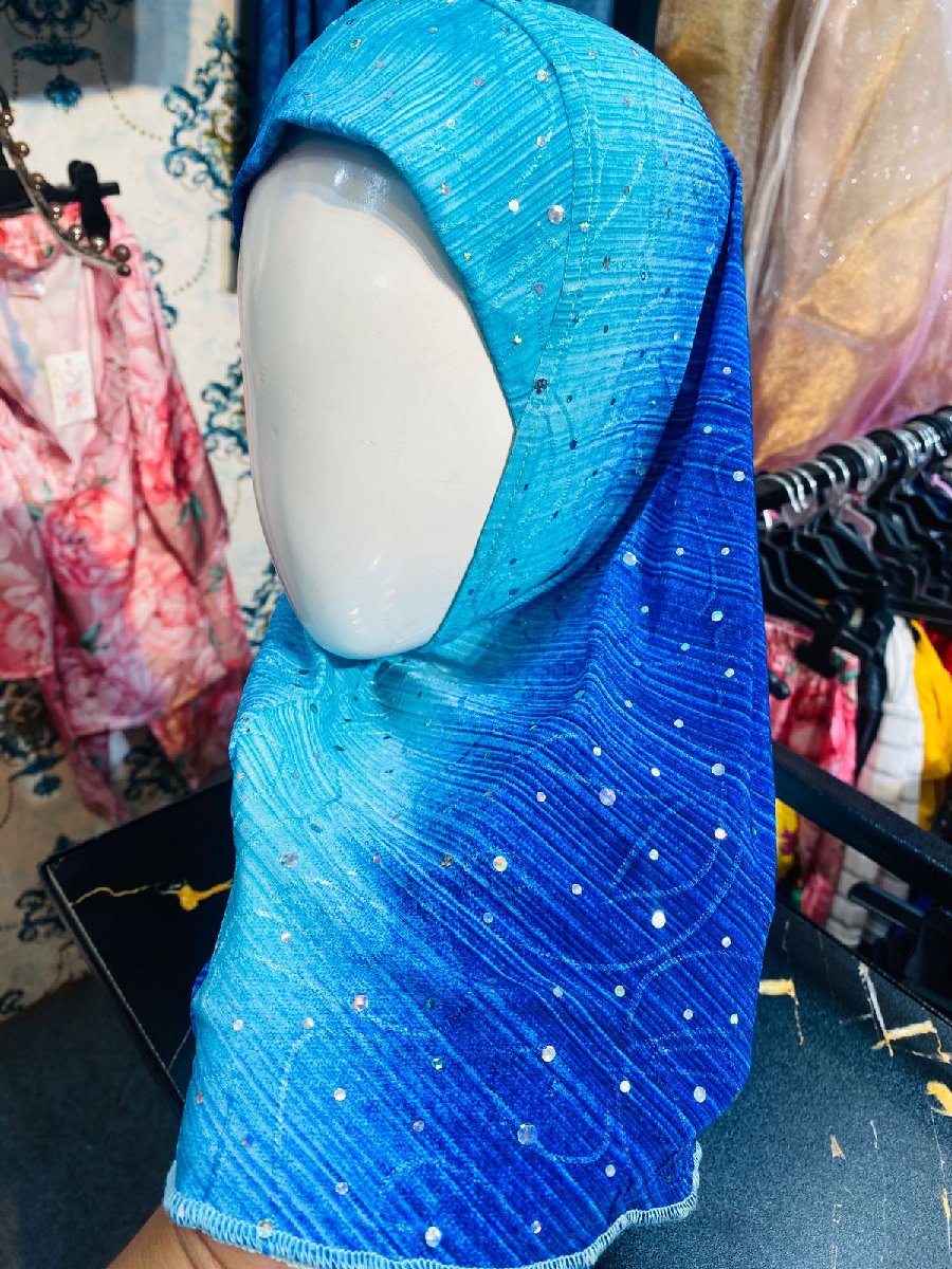 Sea Blue Stone Work Spandex Kids Hijab — ছবি 2