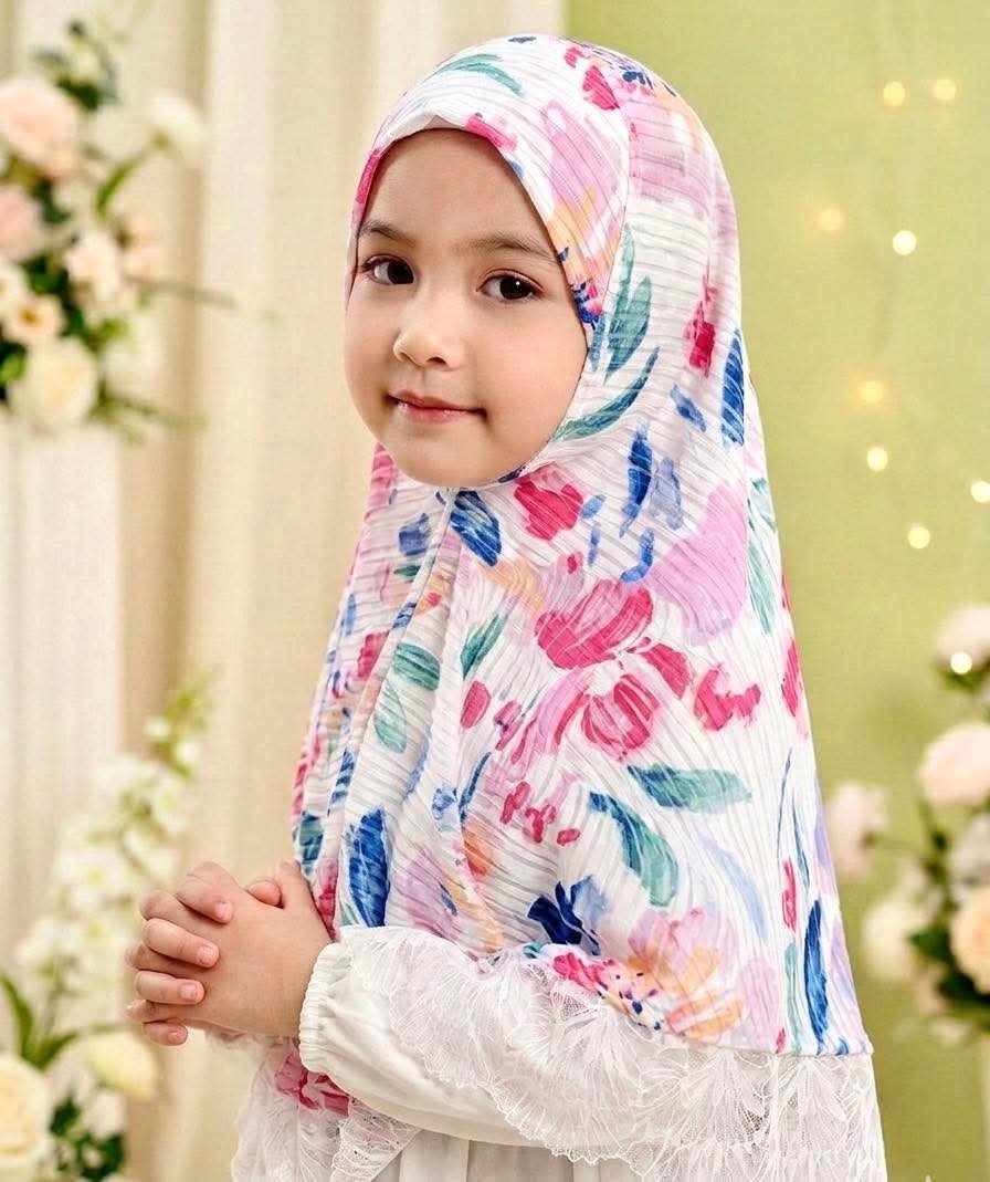 Pink Floral Ribbed Spandex Lace Kids Hijab — ছবি 1 — Kids Hijab (7-12Y)