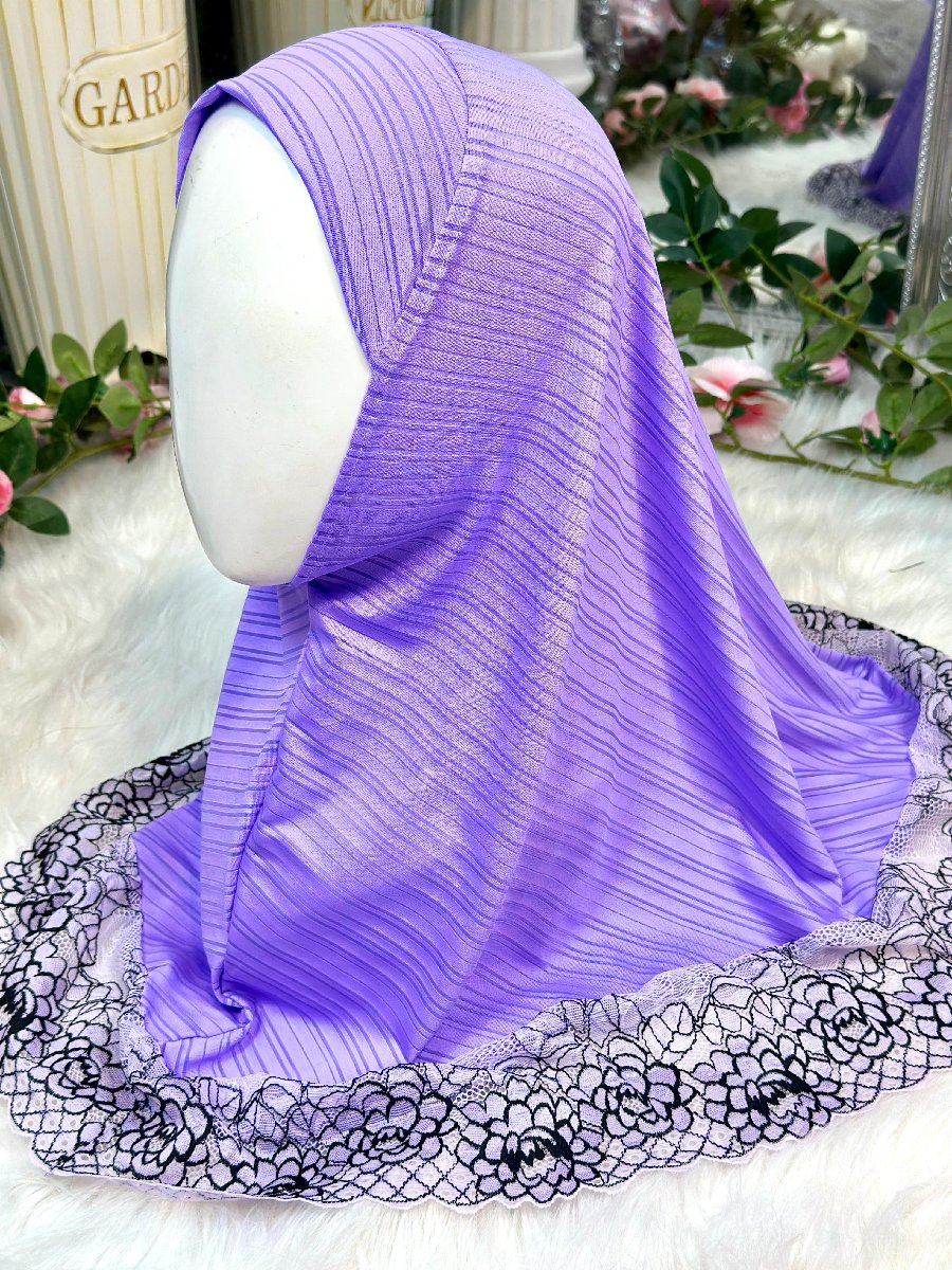 Light Purple Spandex Kids Hijab Floral Lace — ছবি 2