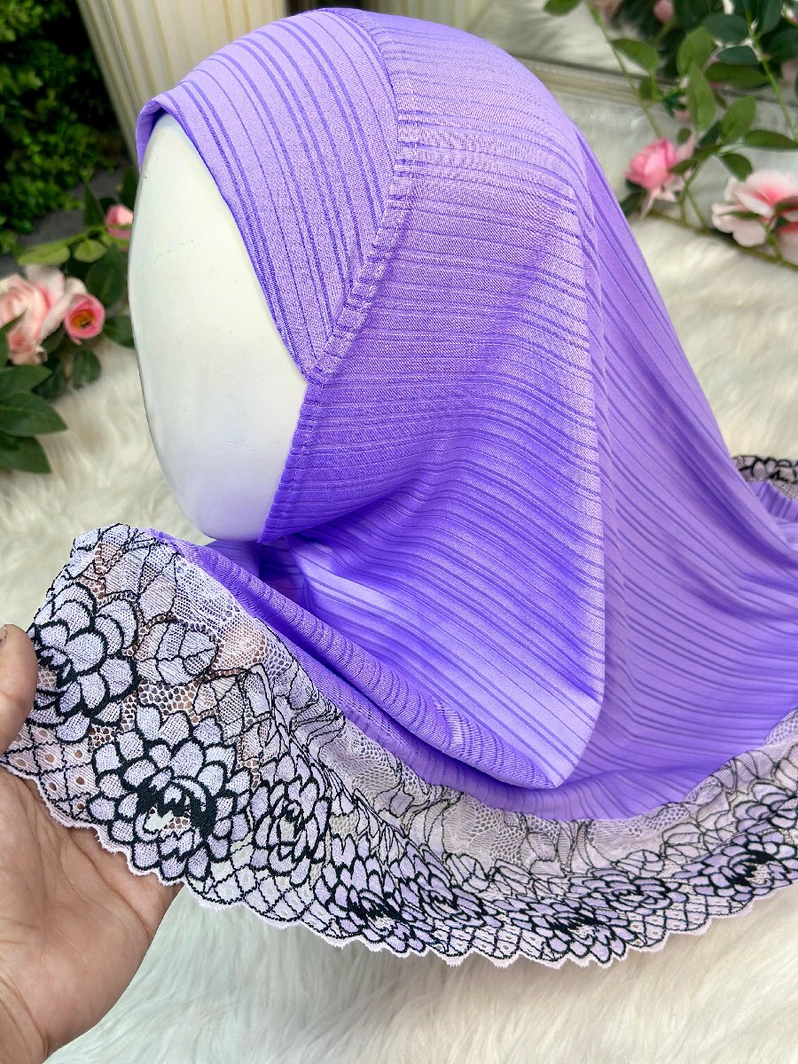 Light Purple Spandex Kids Hijab Floral Lace