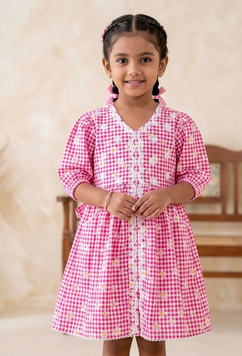 Pink Check Flower Dress