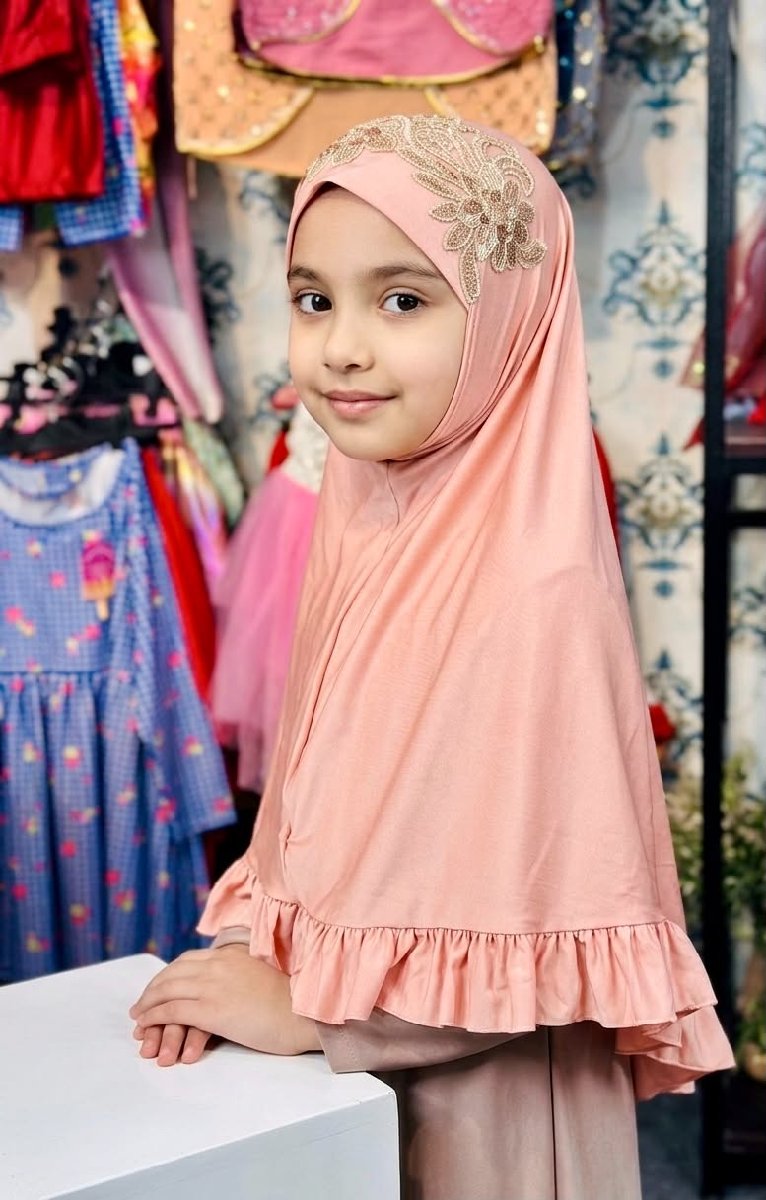 Pink Hijab With Golden Work - Baby Girls (0-2 Years)