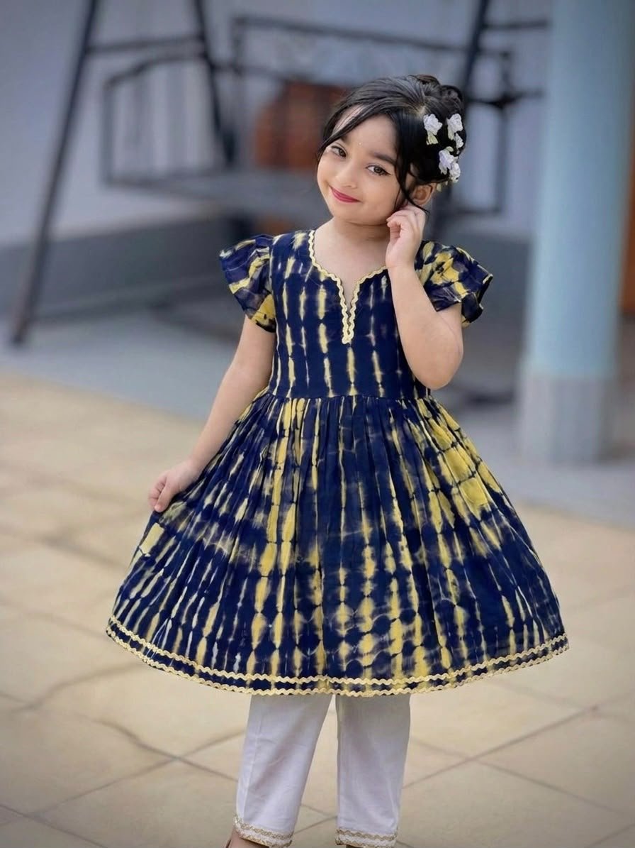 Golden Navy Frock With Pant Set — ছবি 1 — Party Wear