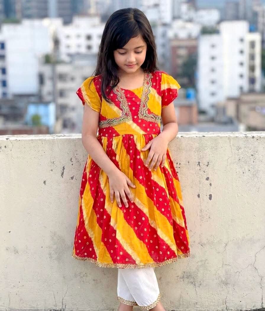 Yellow Pink Batik Print New Frock — ছবি 2