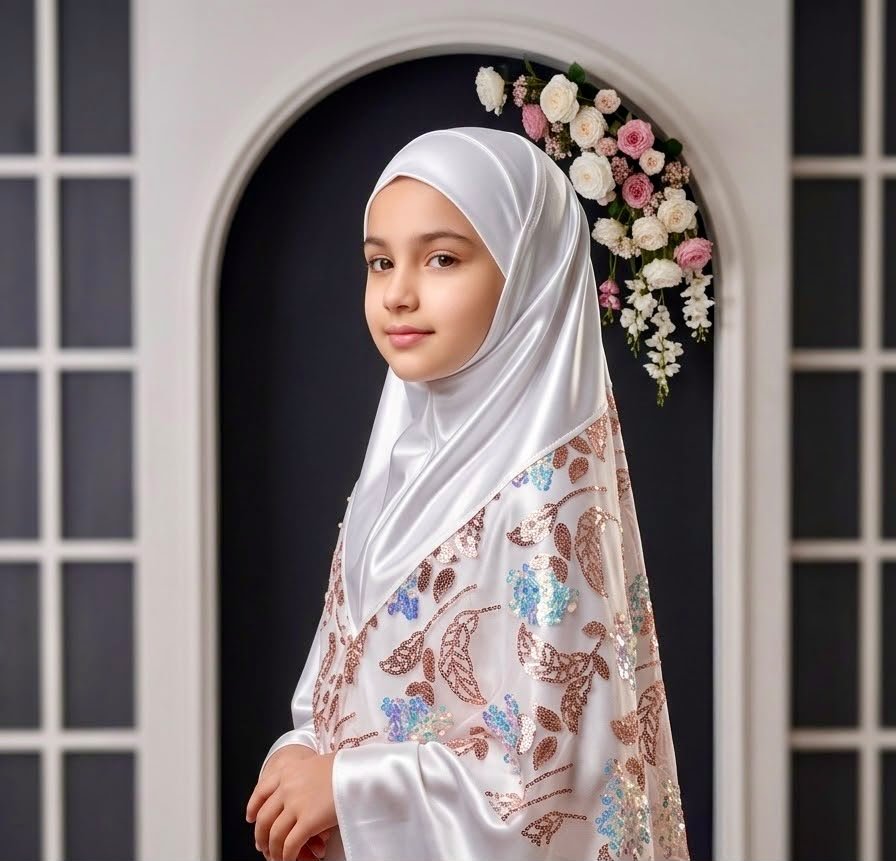 White Hijab With Golden Net Lays Eid Hijab — ছবি 1 — Eid Collection