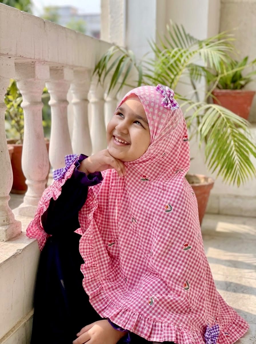 Pink Lilly Check Cotton Hijab - Baby Hijab (1-6Y)