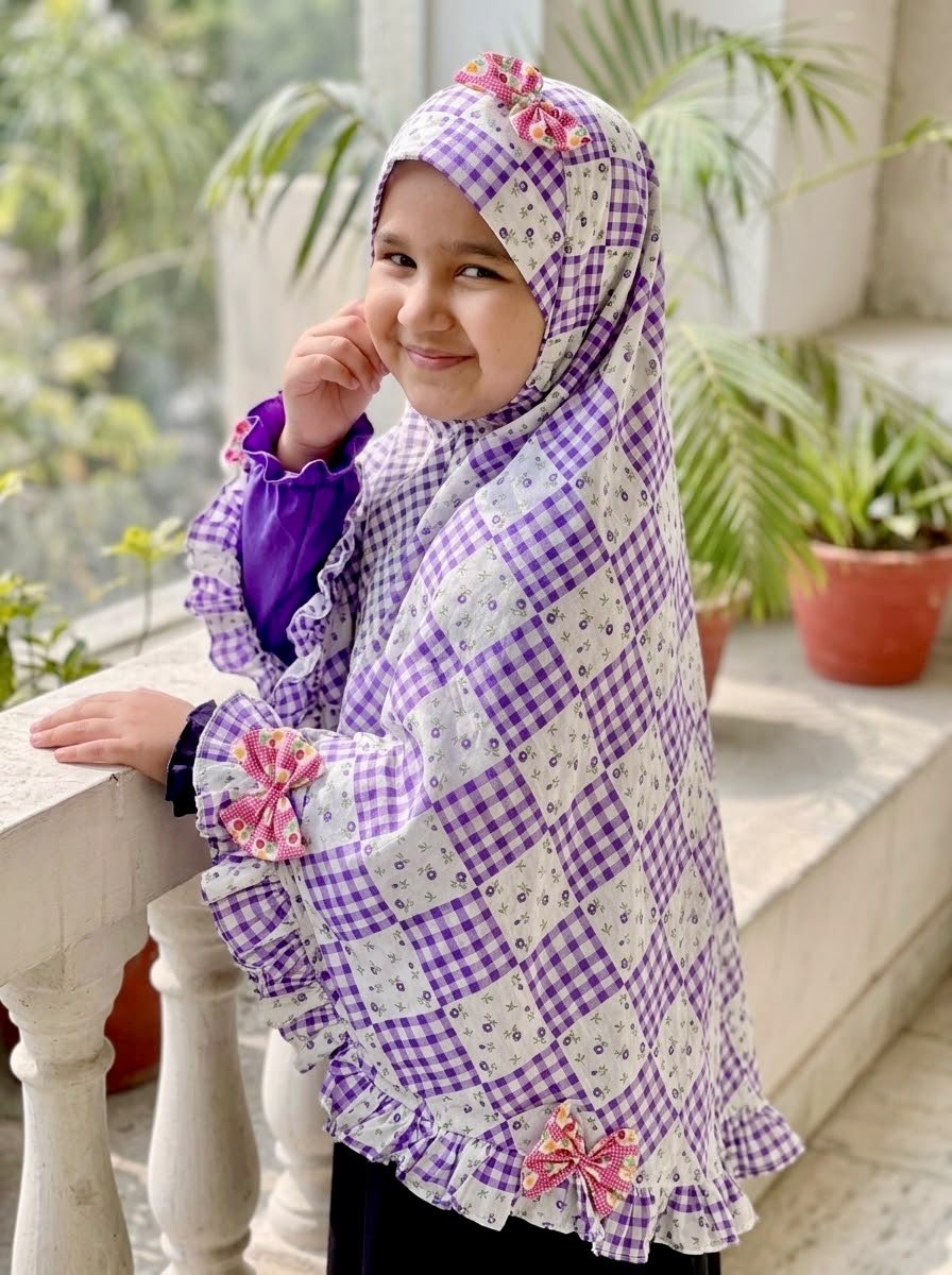 Purple Box Check Flower Cotton Hijab - Baby Girls (0-2 Years)