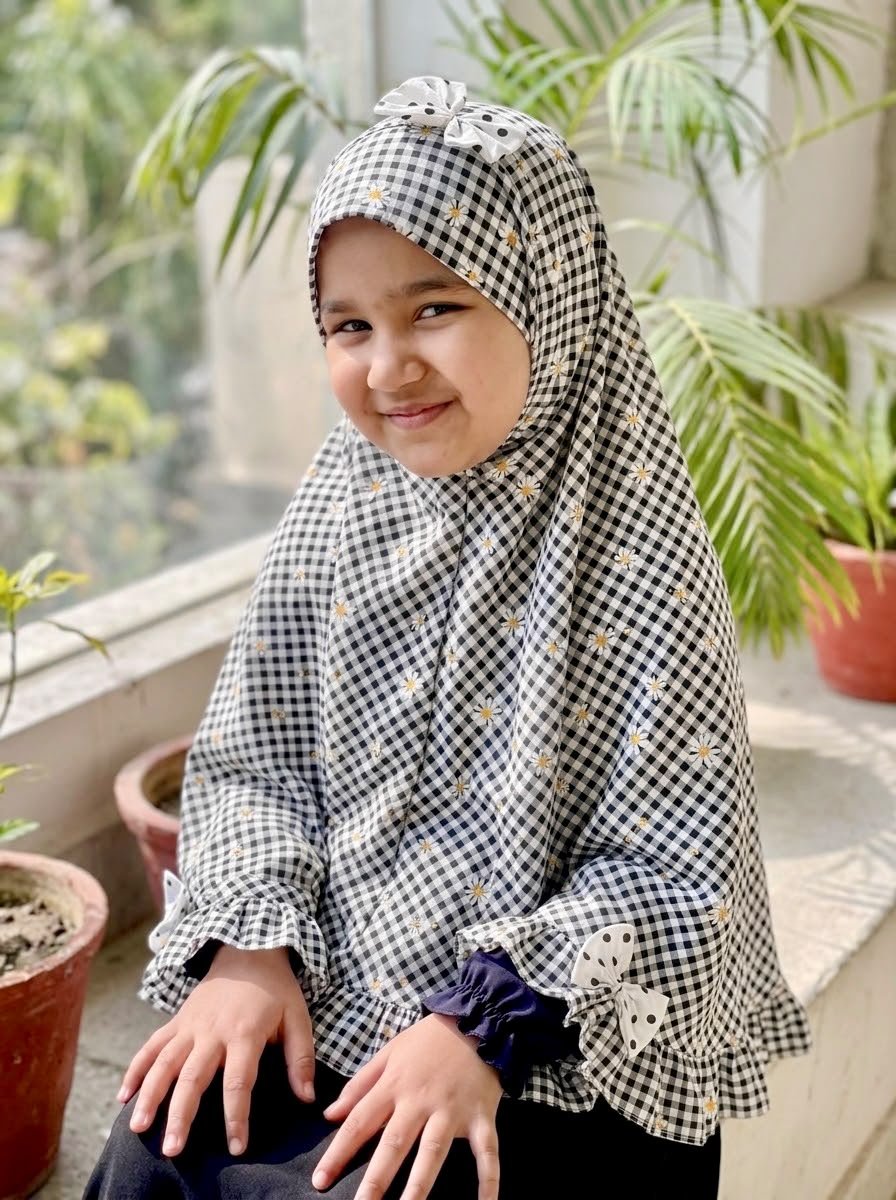 Black Check Sunflower Cotton Hijab - Baby Hijab (1-6Y)