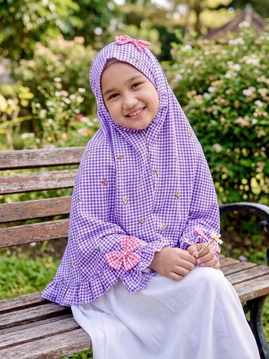 Purple Cherry Check Cotton Hijab - Baby Hijab (1-6Y)