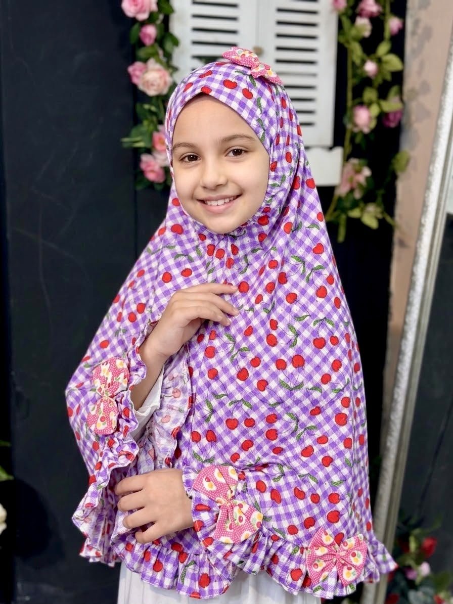 Purple Check Big Cherry Cotton Hijab - Baby Hijab (1-6Y)