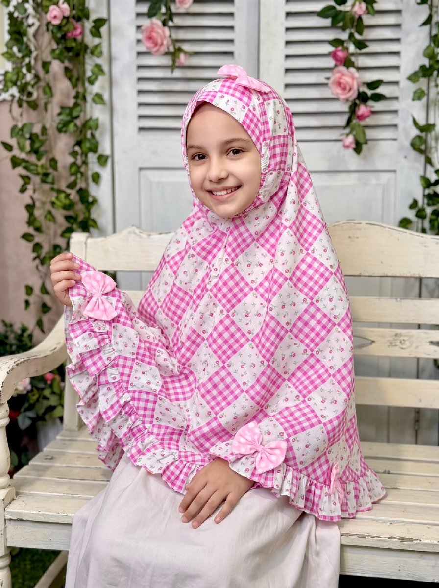 Pink Box Check Flower Cotton Hijab - Baby Hijab (1-6Y)