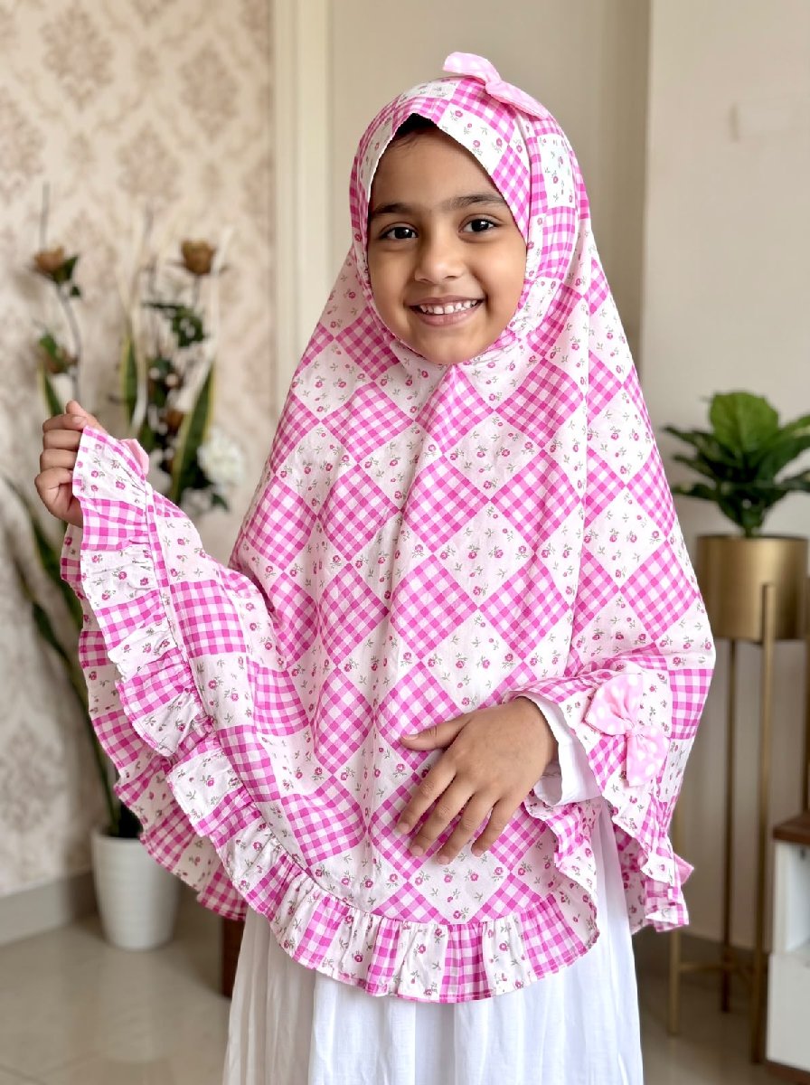 Pink Box Check Flower Cotton Hijab — ছবি 2