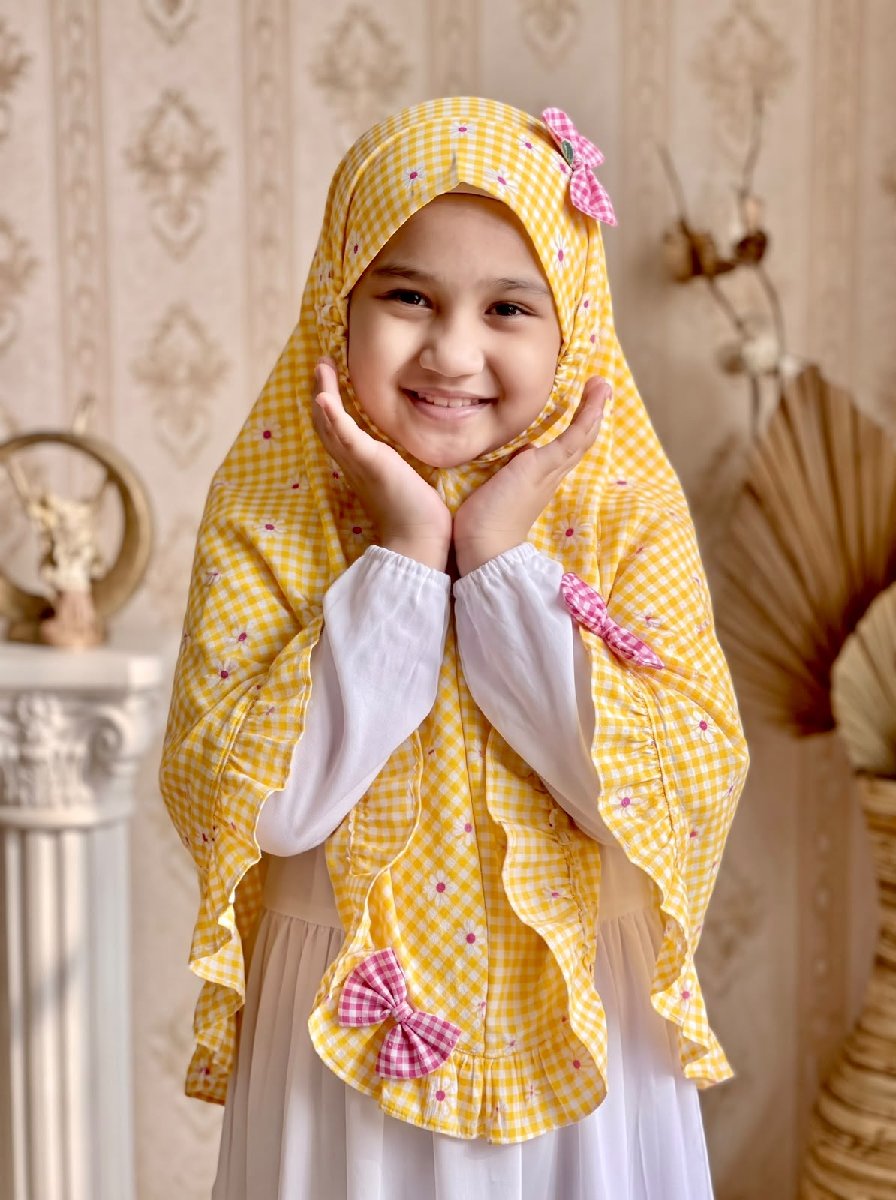 Yellow Check Sunflower Cotton Hijab - Baby Hijab (1-6Y)