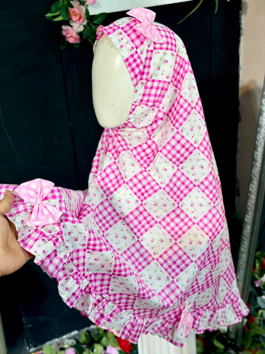 Pink Box Check Flower Cotton Hijab — ছবি 4