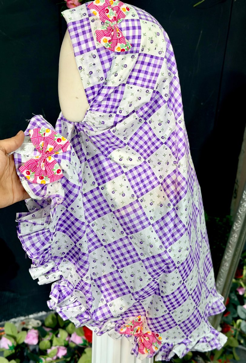 Purple Box Check Flower Cotton Hijab — ছবি 3