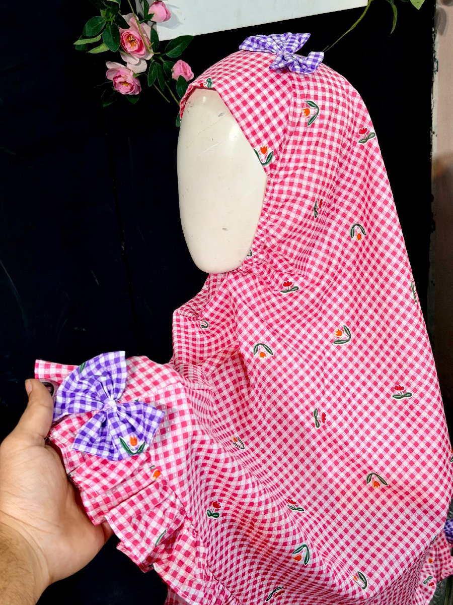 Pink Lilly Check Cotton Hijab — ছবি 5
